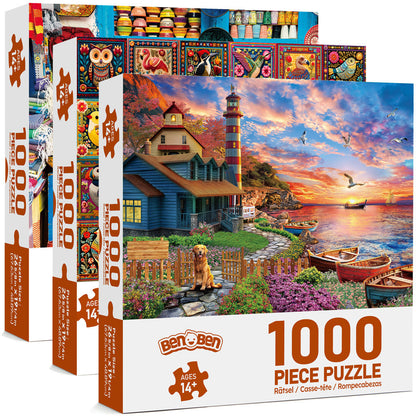 Adult Jigsaw Puzzle Three-Pack with Three 1000-Piece Designs: Sunset Lighthouse, Bird Crochet and Moroccan Pottery