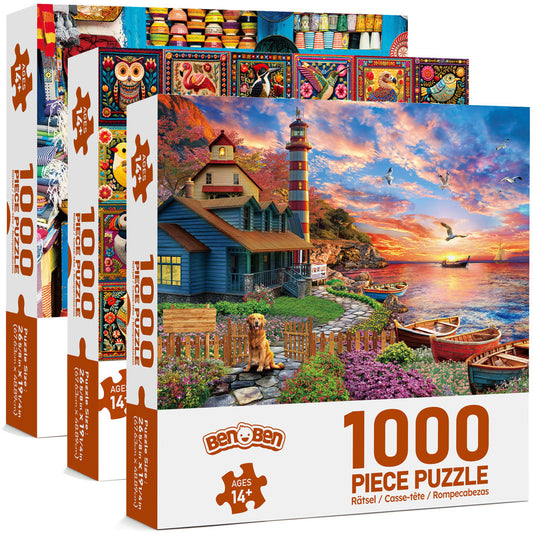 1000 Piece Jigsaw Puzzles for Adults 3 Pack – Sunset Lighthouse, Bird Crochet & Moroccan Pottery Set, Precision-Cut Brain Teaser Family Puzzle, Birthday Christmas Gift for Women Men Puzzle Lovers