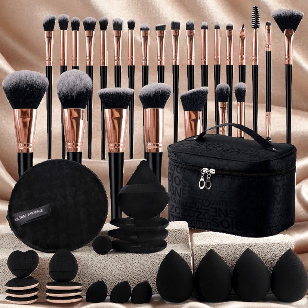 Makeup Brush Set, 23-, 44- or 47-Piece Nylon Bristle Kit with Blending Sponges and Leopard, Beige or Black Bag