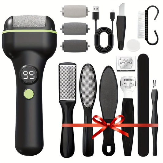Hard Skin Remover for Feet Electric 14-in-1 Professional Pedicure Kit Rechargeable Foot Grinder 3 Rollers 2 Speed Dead Skin Callus Scrubber Cracked Heel Foot File Complete Set Black