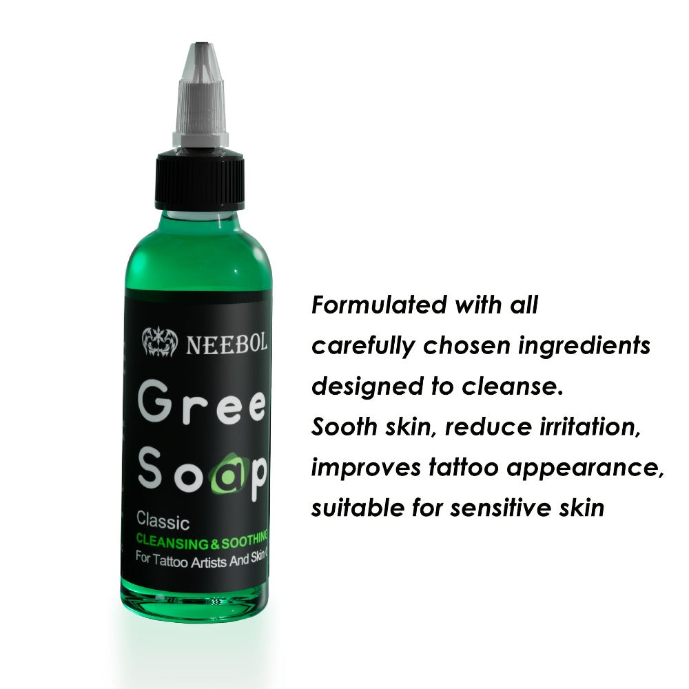 Tattoo Green Soap Cleaning Kit Neebol 8.5oz Concentrated Soap Squeeze Bottle Moisturizing Balm Cream Lint-Free Wipes Complete Skin Care Set Before After Tattooing Body Art