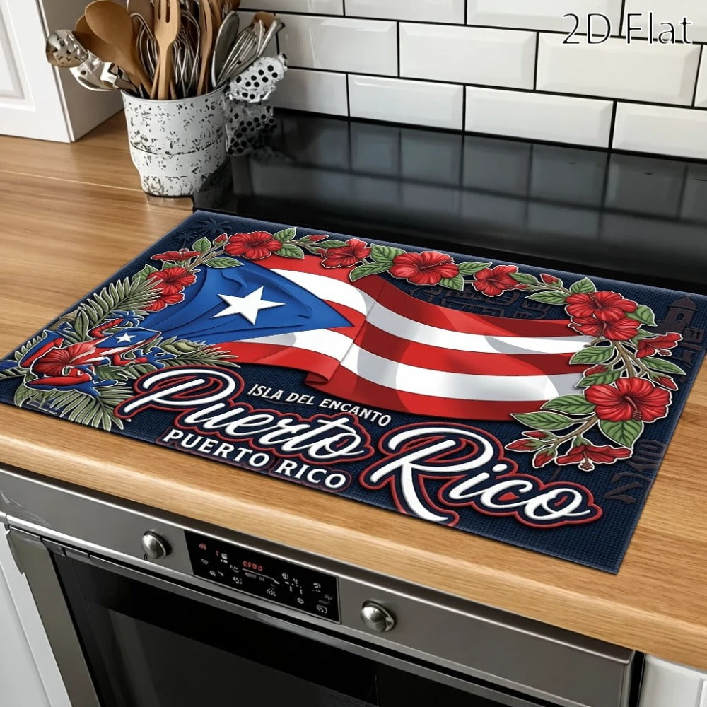 Puerto Rico Flag and Floral Stove Protector Mat, 28.35 x 20.47 Inches with Rectangular Format