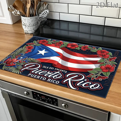 Puerto Rico Flag and Floral Stove Protector Mat, 28.35 x 20.47 Inches with Rectangular Format