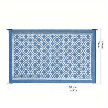 Blue and White Reversible Outdoor Mat with Geometric Pattern and Two Rectangular Size Options