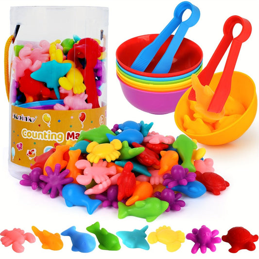 Ocean Animals Color Sorting Toy 64pcs with Sorting Bowl — Toddler Counting Matching Math Learning Activity, Montessori Sensory Educational Toy for Kids Ages 2-5, Birthday Christmas Gift