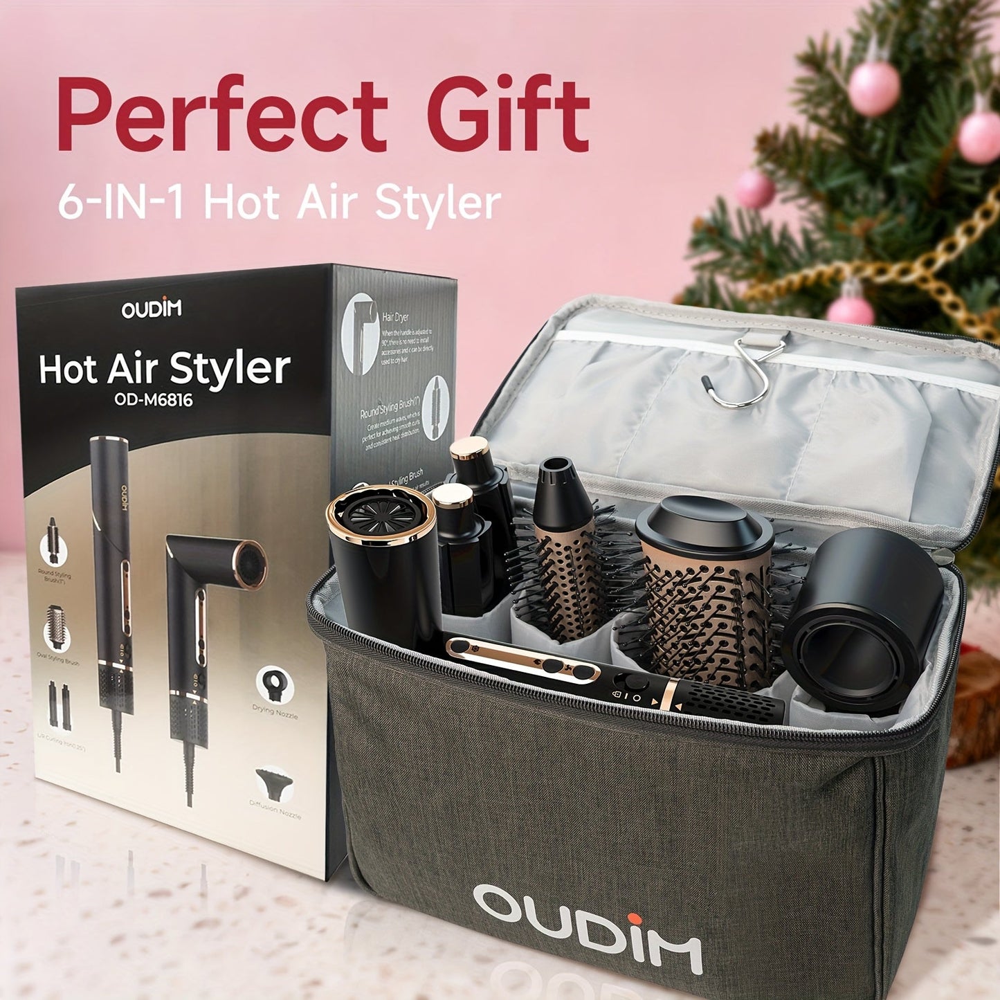 OUDIM 6-in-1 Hot Air Brush Hair Styling Tool with 110,000 RPM Motor, Foldable Handle and Storage Bag