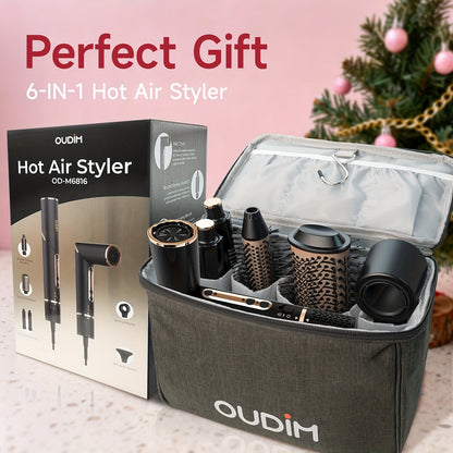 OUDIM 6-in-1 Hot Air Brush Hair Styling Tool with 110,000 RPM Motor, Foldable Handle and Storage Bag