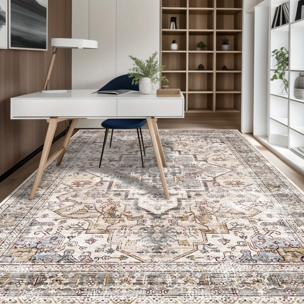 Area Rug Bohemian Retro Design in Beige or Grey with Six Foldable Machine-Washable Room Sizes