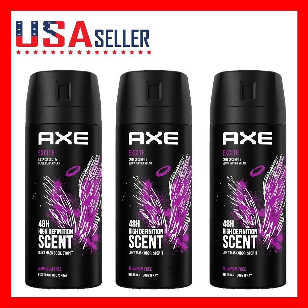 AXE Excite Body Spray Three-Pack with 150ml Black Aerosol Cans, Purple Graphics and Excite Scent Label