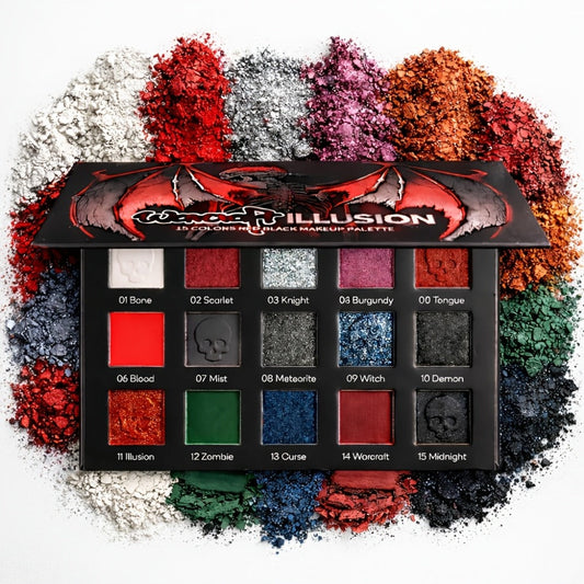 Eyeshadow Palette 15-Shade Dark Gothic Color Mix with Matte, Shimmer and Glitter Finishes in Black Case