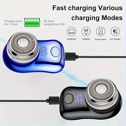 Compact Black Dual-Ring Rotary Electric Razor with Digital Battery Display, USB Cable and Travel-Size Body