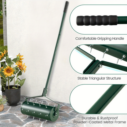 Rotary Lawn Aerator 18" Spike Drum with 27 Galvanized Steel Spikes, Fillable with Sand or Stone, 51" Anti-Slip Handle for Deep Soil Aeration Lawn Garden Yard