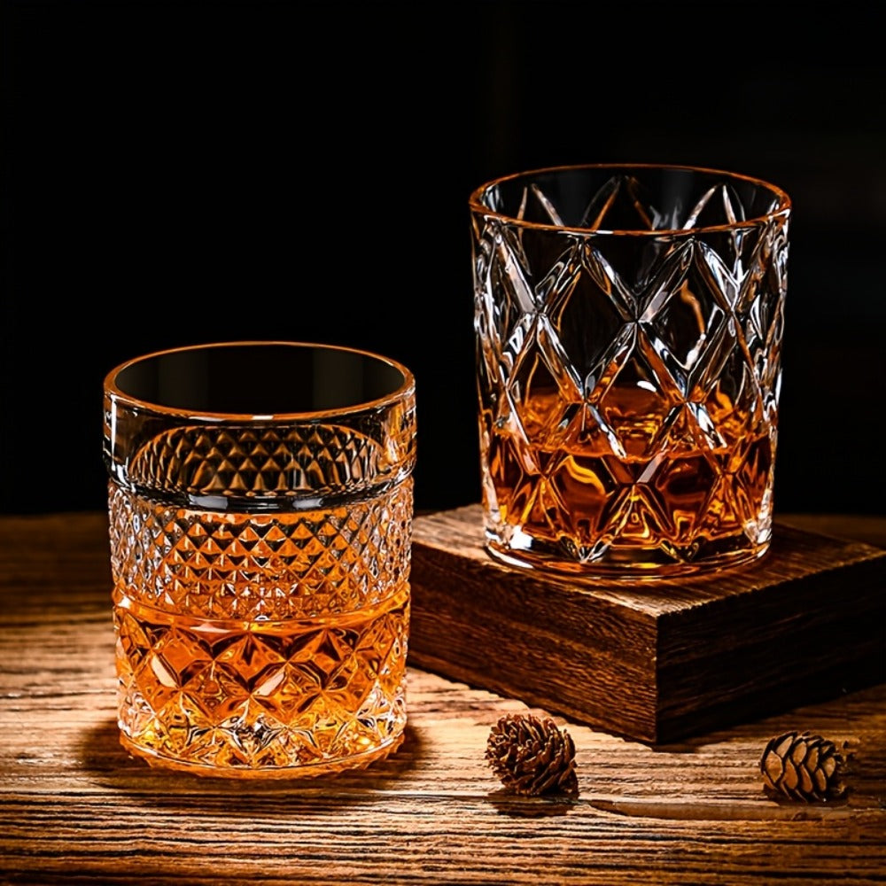 Single Embossed Whiskey Tumbler with Square Rim, Diamond-Cut Pattern and Thick Clear Base for Home Bar Service