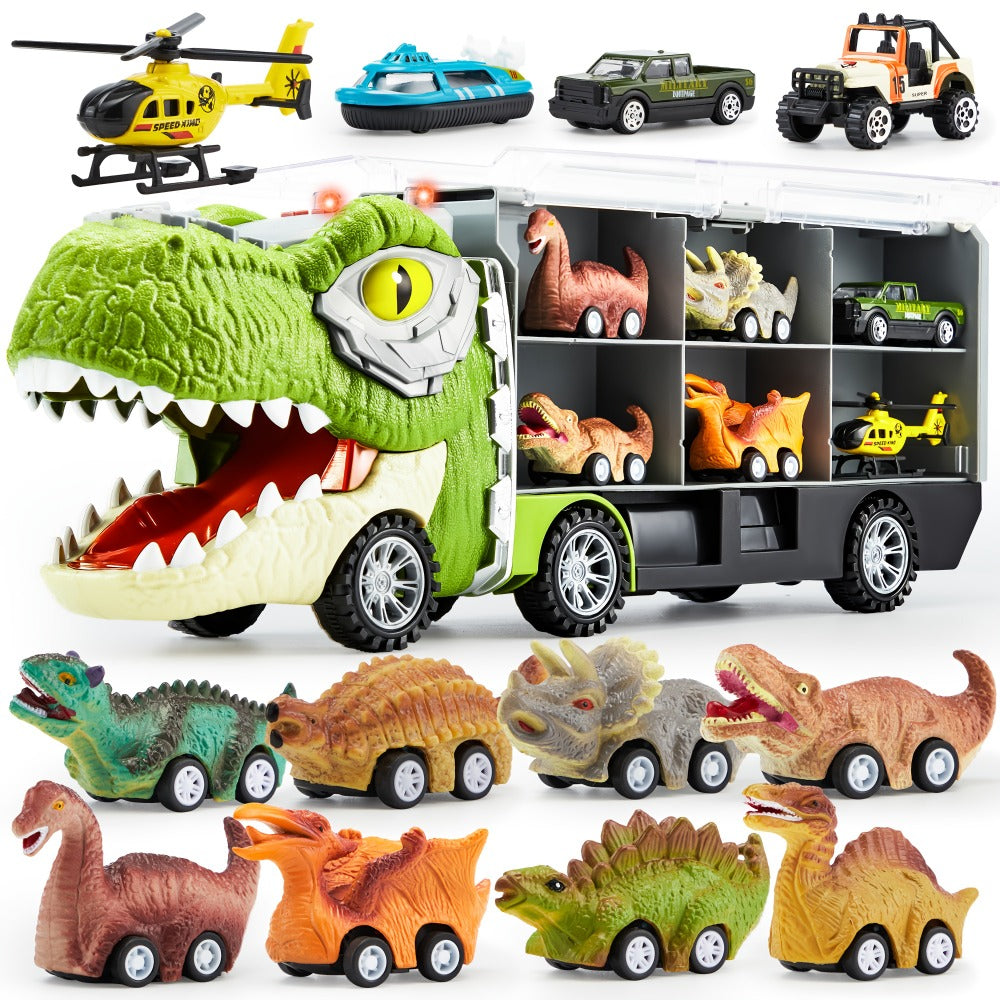 Dinosaur Truck Toy Set 13 PCS – Transport Carrier Truck with Lights & Sounds + 8 Pull-Back Cars + 3 Die-Cast Dino Vehicles + Helicopter | Friction Powered Dinosaur Toy for Boys Ages 3+ | Best Birthday Christmas Gift