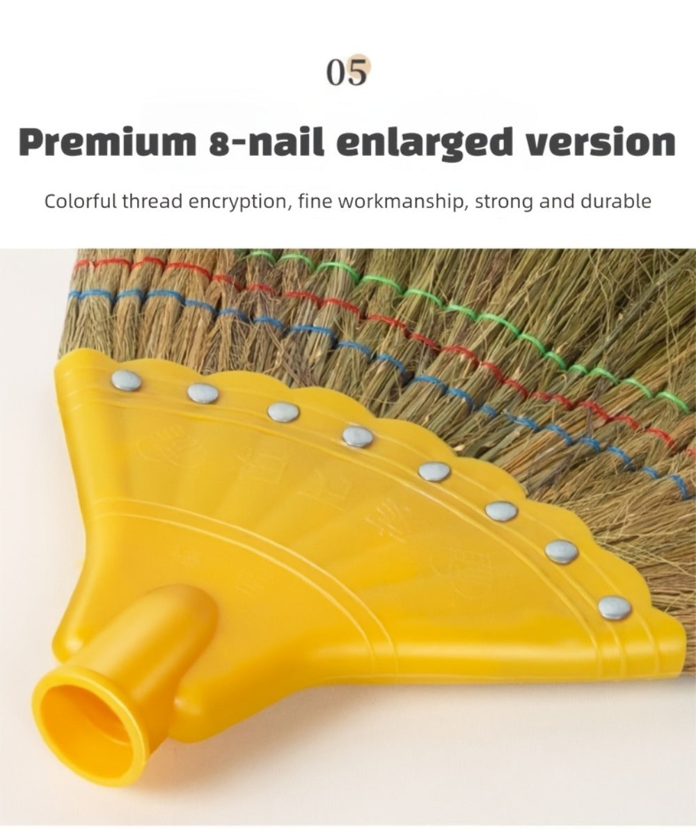 Extra-Long Miscanthus Broom with Soft Full-Length Bristles and Yellow Wrapped Handle for Home Sweeping