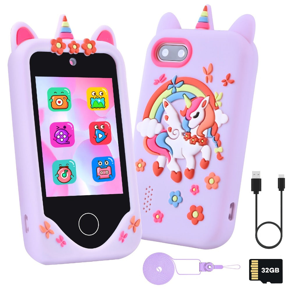 Unicorn Toy Phone in Pink or Purple with Dual Cameras, Touchscreen Interface and 32GB SD Card Label