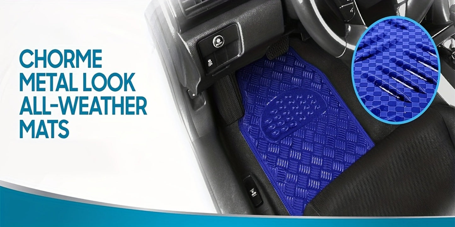 All-Weather Car Floor Mats Full Set, Metallic Chrome Non-Slip Heavy-Duty Universal Fit Floor Liners for Cars SUVs Trucks, Front & Rear Shiny Automotive Carpet Protection in 6 Colors