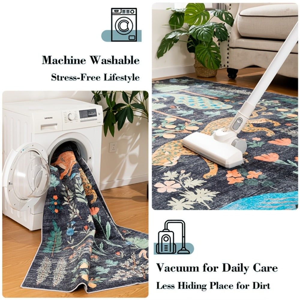 Area Rug 8x10 Ft Soft Non-Slip Machine Washable Large Floor Rug with Floral Forest Animal Patterns for Living Room Bedroom Home Decor – Durable Easy Clean Indoor Carpet