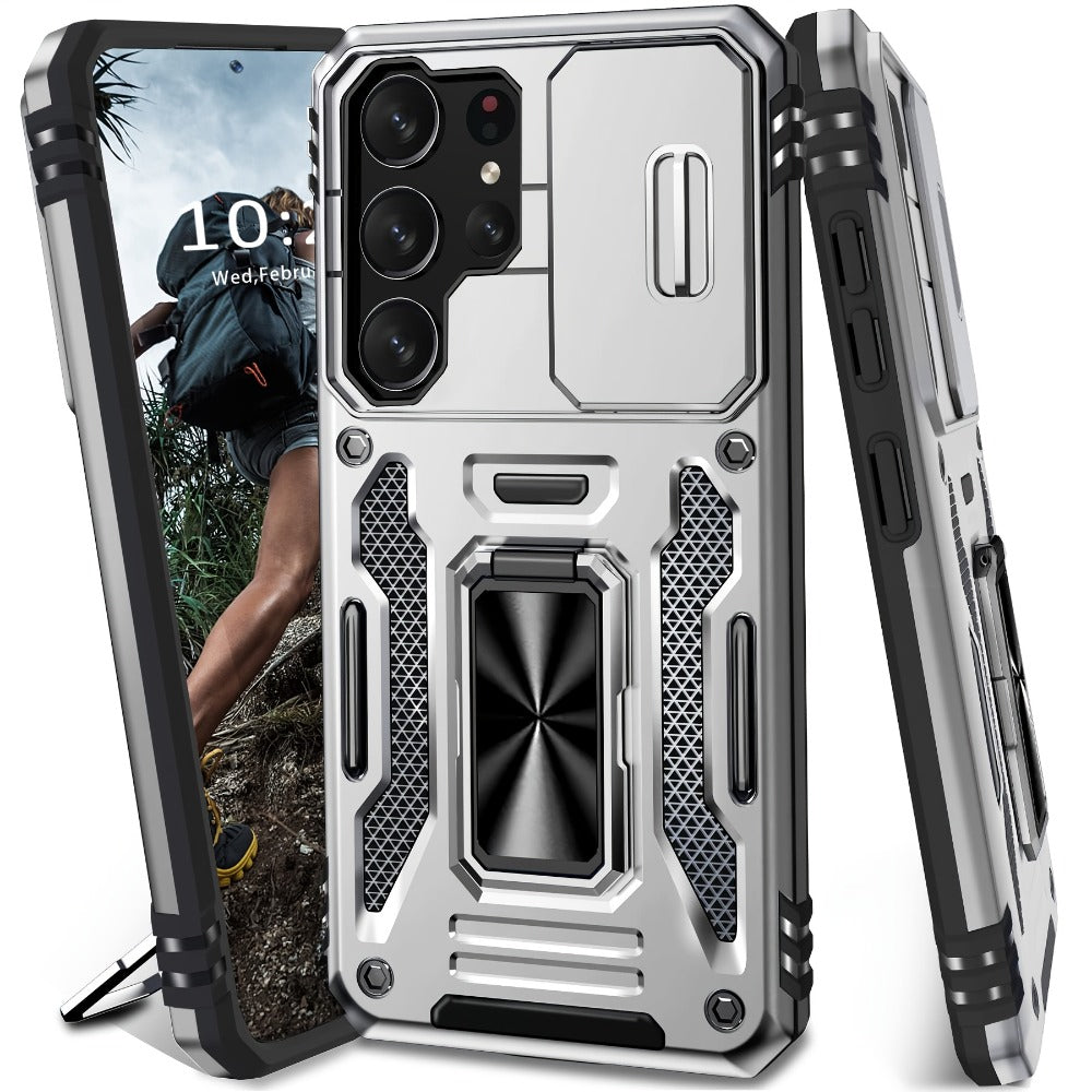 Samsung Galaxy Shockproof Magnetic Phone Case with 360° Rotating Ring Bracket & Sliding Lens Protector – Heavy Duty Cover for S24FE S23FE S22 S21FE Ultra A55 A54 A35 A34 A25 A24 A16 A15 A14 A06 A05 A05S 5G