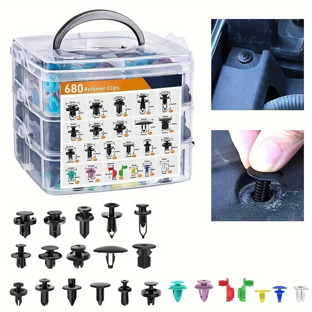 Car Bumper Screw & Rivet Repair Kit 725-Piece – Universal Plastic Clips, Nuts & Fasteners for Bumper, Wing & Interior Body Panels, Includes 680 Rivets + 45-Piece Tool Set