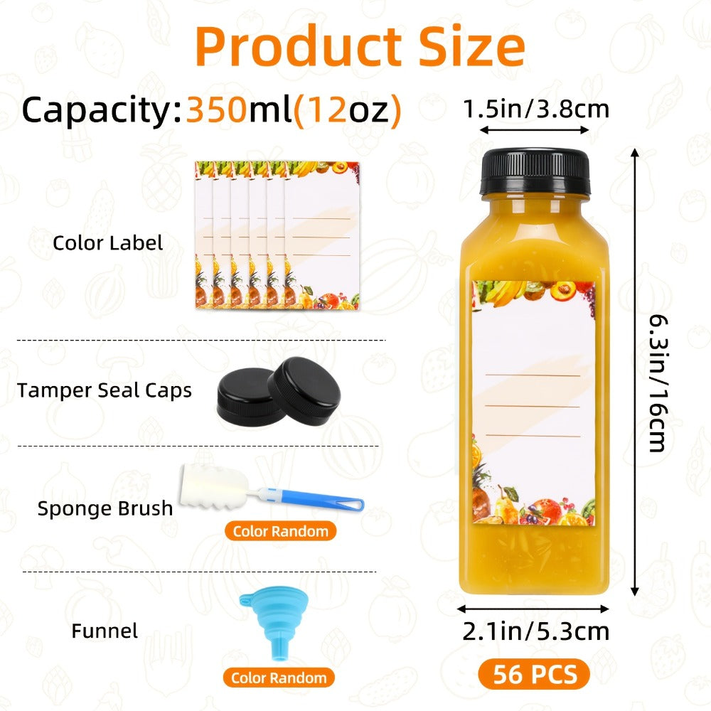 Reusable Juice Bottle Set, Clear Plastic 12oz or 16oz Drink Containers with Lids, Funnel and Cleaning Brush
