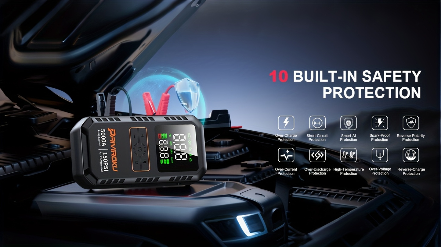 5000A Car Jump Starter with 150 PSI Digital Tire Inflator, 12V Clamps and 44.4Wh, 59.2Wh or 74Wh Options