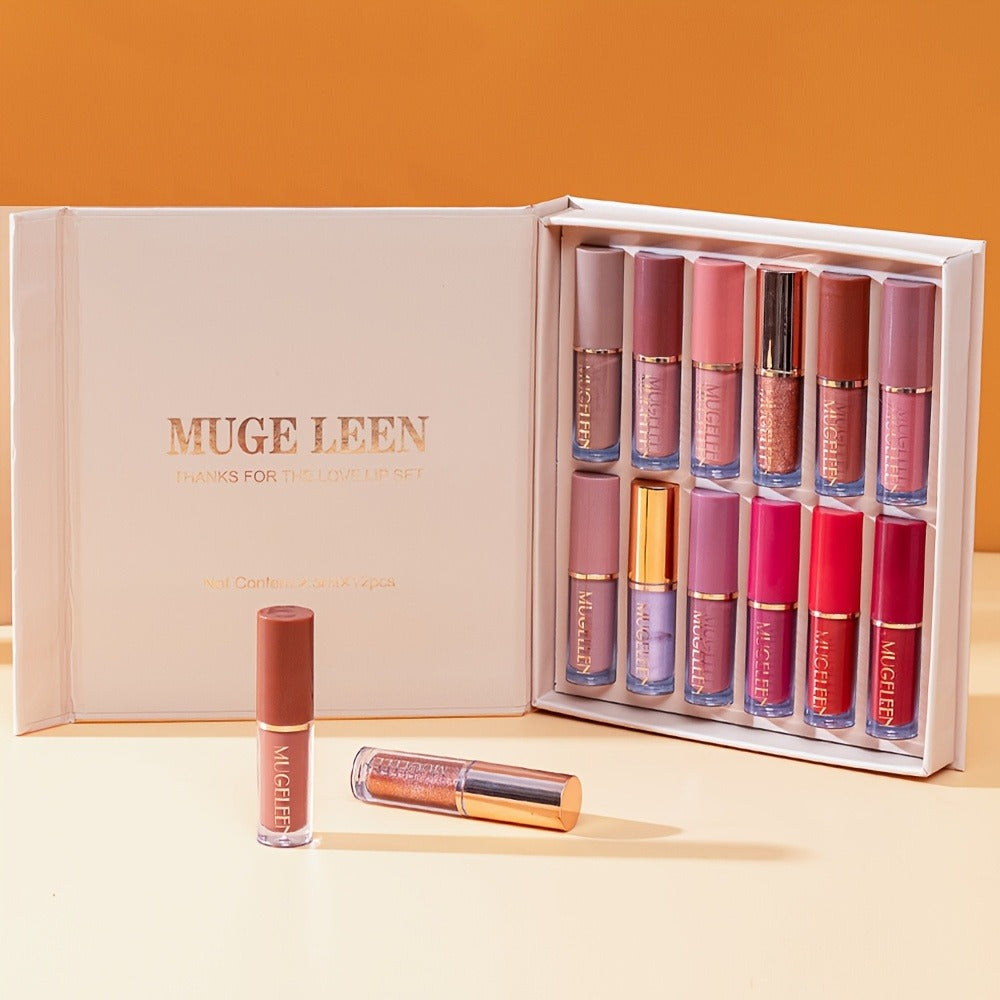 Lip Gloss Set 12 Pcs Matte & Pearlescent Lip Glaze Collection – Non-Stick Cup Long-Lasting Non-Fading Velvety Finish Lip Makeup Gift Set for Women Girls All Skin Tones