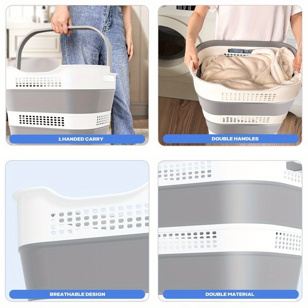 Collapsible 43L Laundry Basket in Grey with Carry Handles, Single or 2-Pack Folding Checkout Options