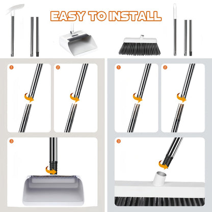Foldable Broom and Dustpan Set with Long Handle 2-in-1 3-in-1 4-in-1 Floor Brush Combo for Home Office Dorm Room Indoor Outdoor Cleaning