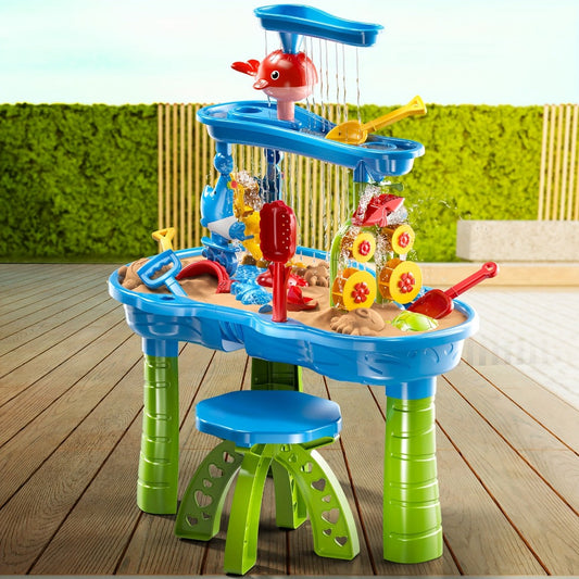 Sand and Water Table for Toddlers 3-Tier – Outdoor Sensory Play Set with Shovel Scoop & Strainer, BPA-Free Backyard Beach Summer Activity Toy for Boys & Girls Ages 2 3 4 5 6 (Blue)