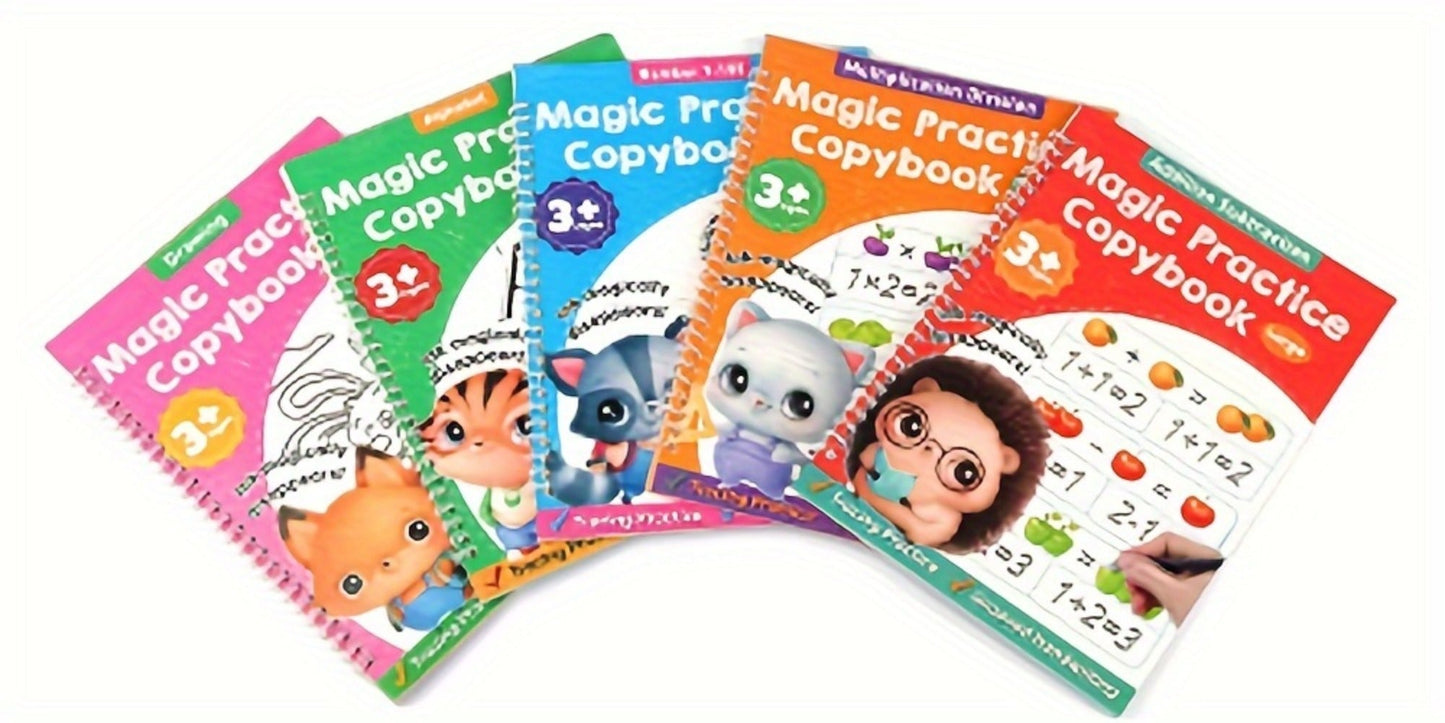 Magic Grooved Handwriting Practice Book for Kids Ages 3-8 — Reusable 5-in-1 Tracing Workbook for Letters Numbers Drawing Math, 3D Groove Pen Control Training with Grip Aids, 10.2×7.3 In