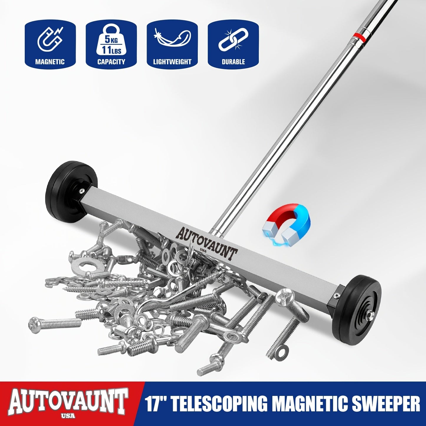 17-Inch Rolling Magnetic Sweeper with Telescoping 15-to-38-Inch Handle, Wheels and Quick-Release Knob