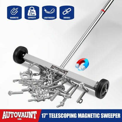 17-Inch Rolling Magnetic Sweeper with Telescoping 15-to-38-Inch Handle, Wheels and Quick-Release Knob