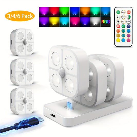 Puck Lights Rechargeable RGB with Charging Station - Motion Sensor Under Cabinet Lighting, Wireless LED Closet Lights with Remote Control, Color Changing Night Light for Hallway Stairway Bathroom Bedroom Kitchen, 3/4/6 Pack
