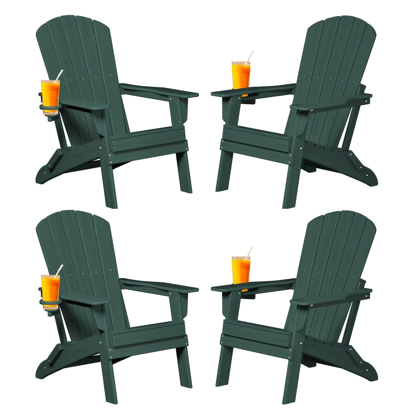 Folding HDPE Adirondack Outdoor Chair with Cup Holder in Four Colors and One-, Two- or Four-Piece Sets