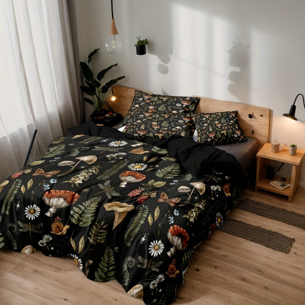 3-Piece Duvet Cover Set with Forest Mushroom and Leaf Print, Zipper Closure and Twin to King Sizes