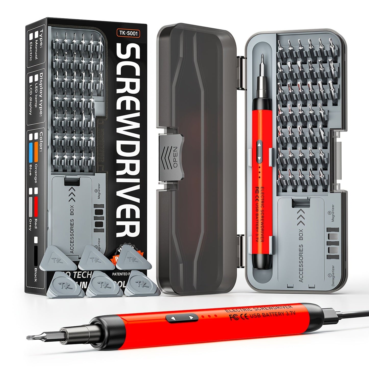 USB-Rechargeable Precision Electric Screwdriver Kit with 38 Magnetic Bits in Five Handle Colors