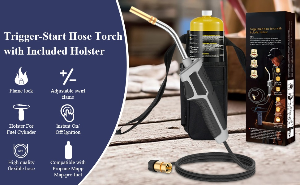 Torch Kit with Trigger Start Propane Torch Head, 5Ft Hose & Holster, Blow Torch for Brazing, Soldering, Welding, BBQ & Campfire, Propane Torch with Cylinder Clip Option (Cylinder Not Included)