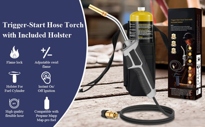 Torch Kit with Trigger Start Propane Torch Head, 5Ft Hose & Holster, Blow Torch for Brazing, Soldering, Welding, BBQ & Campfire, Propane Torch with Cylinder Clip Option (Cylinder Not Included)