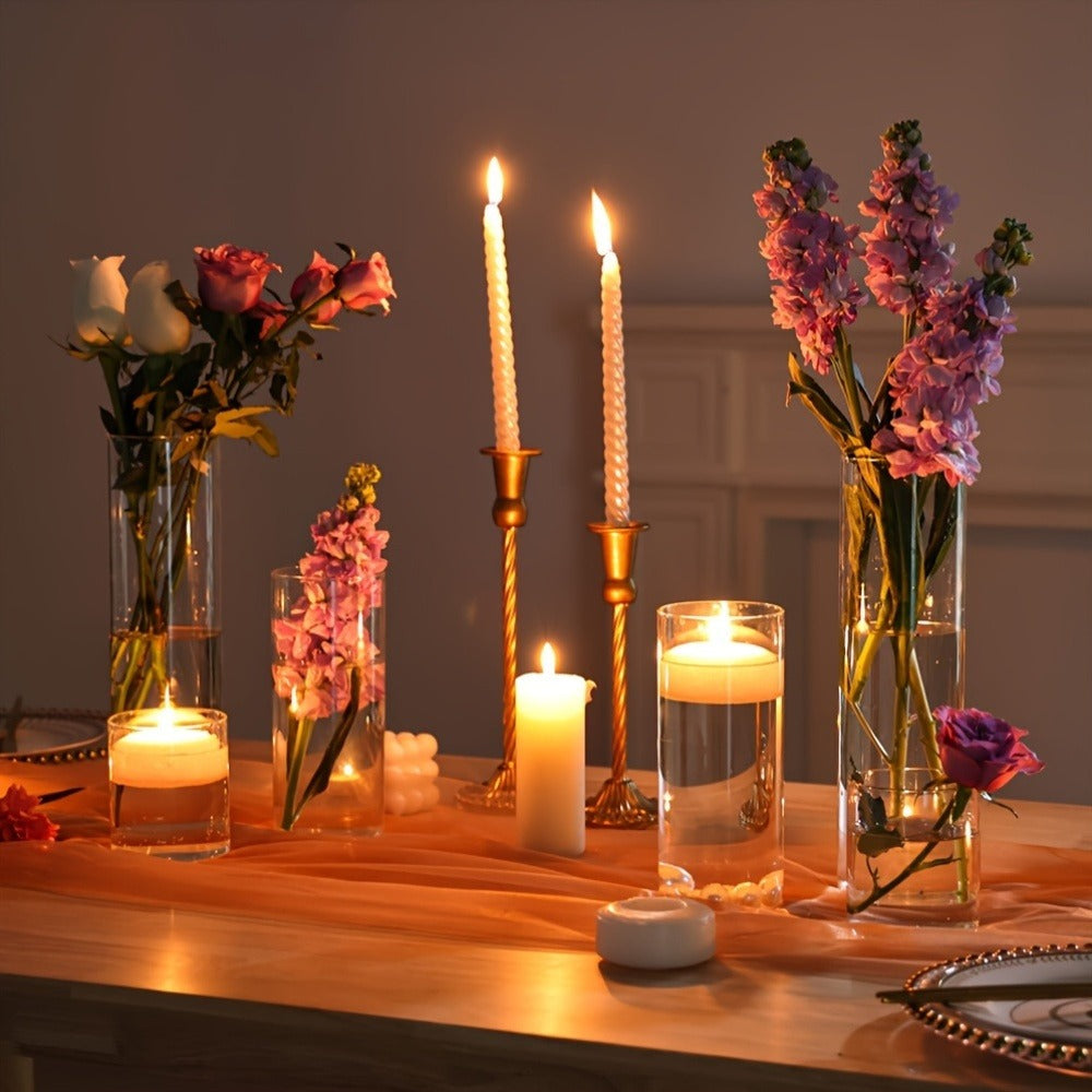 Clear Glass Cylinder Vase Set in 18- or 24-Piece Configurations with 4, 8 and 12-Inch Heights