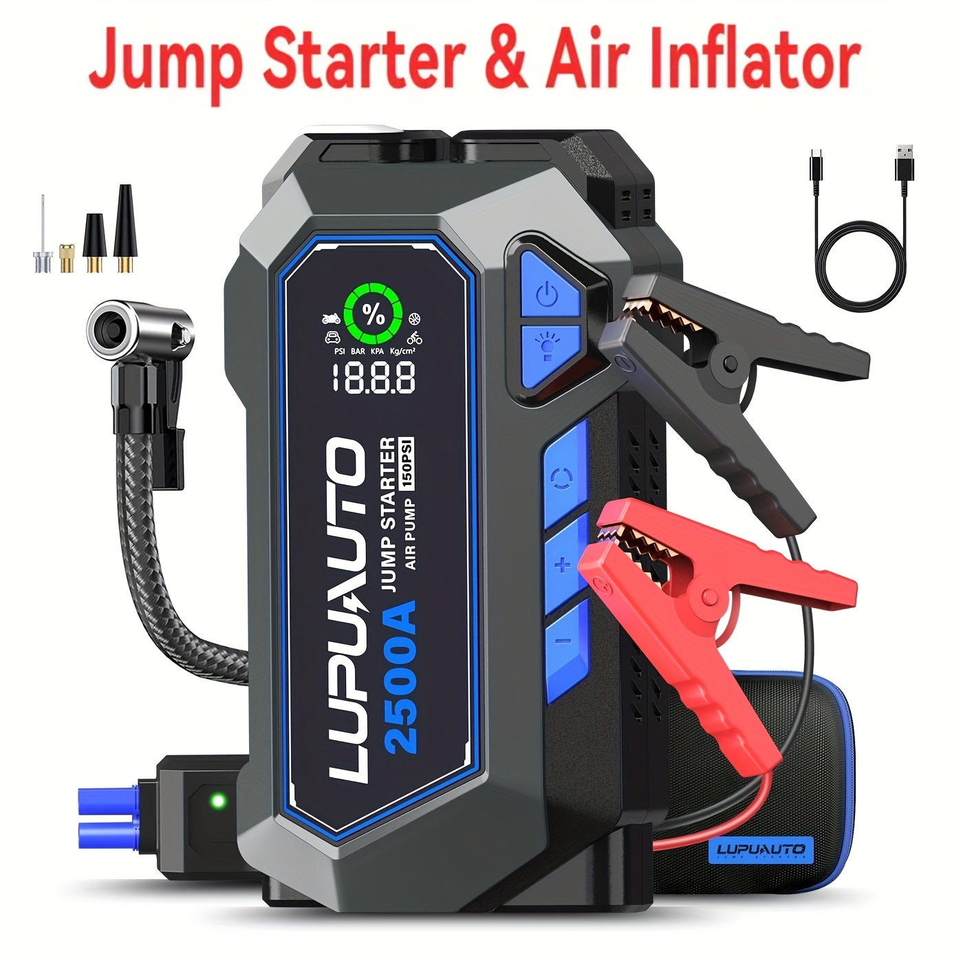 Tire Inflator with Jump Starter 150PSI Dual Cylinder 2X Faster 2500A 15000mAh Power Bank USB-C LED Flashlight Smart Clamps for Cars Motorcycles Bikes