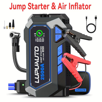 Tire Inflator with Jump Starter 150PSI Dual Cylinder 2X Faster 2500A 15000mAh Power Bank USB-C LED Flashlight Smart Clamps for Cars Motorcycles Bikes