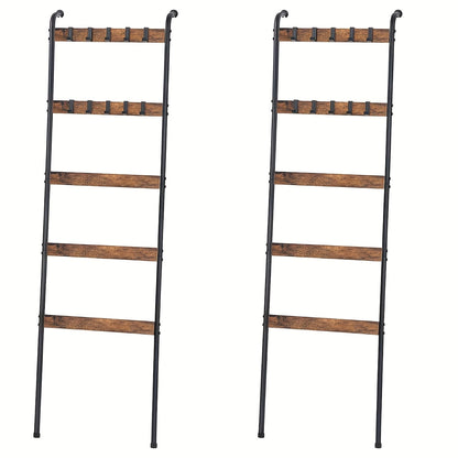 Five-Tier Brown Blanket Ladder with Ten Removable Hooks in One- or Two-Piece Checkout Options