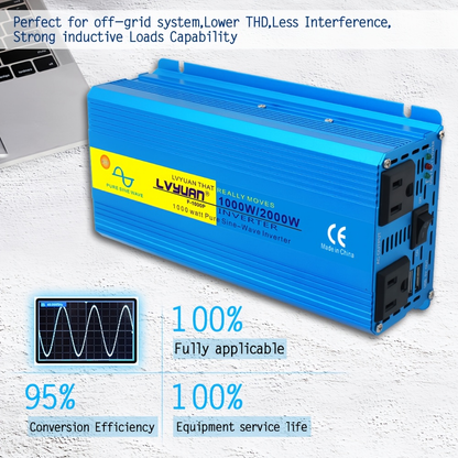 Blue 12V or 24V DC to 110V AC Power Inverter with 2000W Checkout Labels, USB Port and Battery Cables