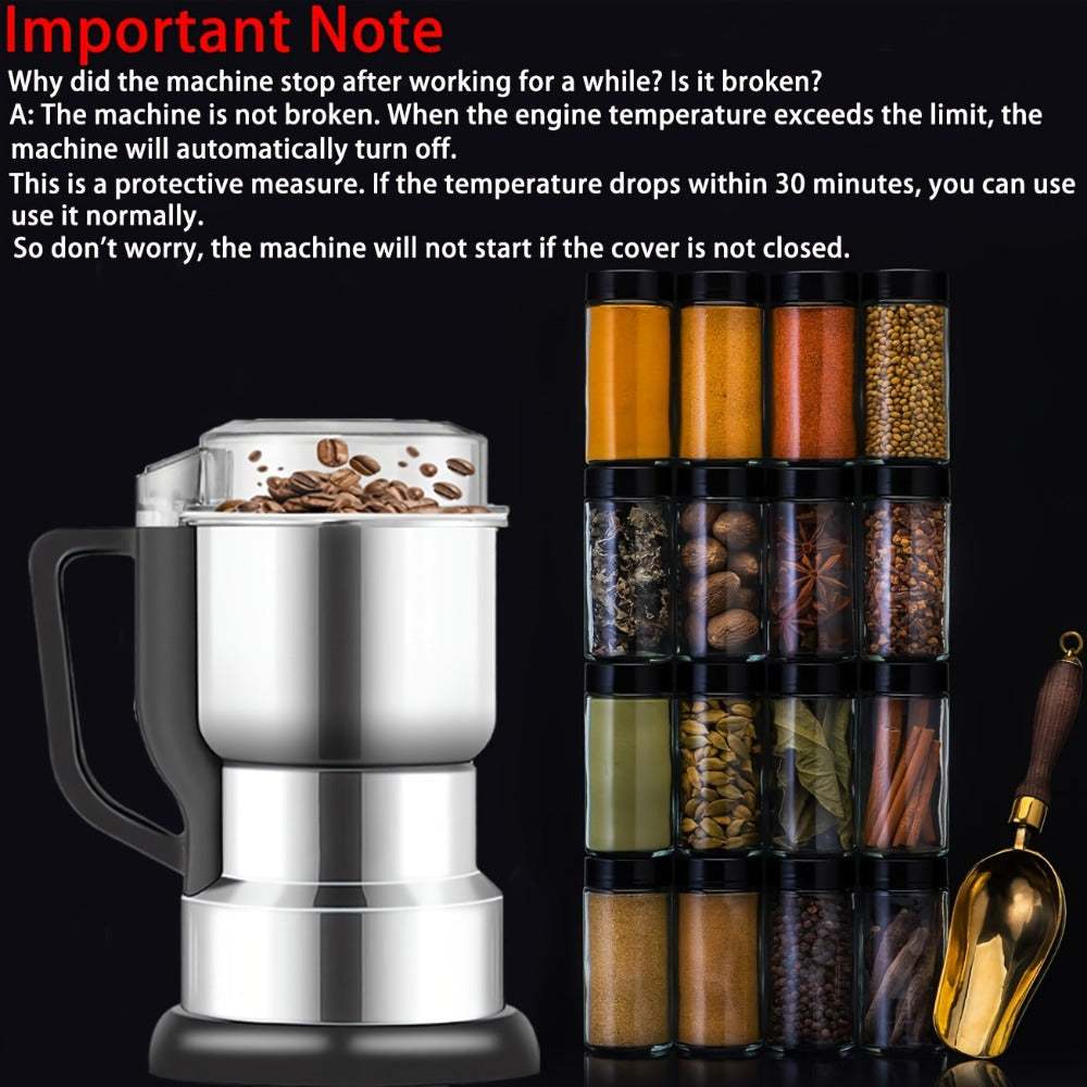 300W-Labeled Electric Coffee Grinder with Eight-Blade Assembly, 400ml Stainless Cup and Silver Finish