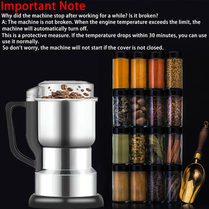 300W-Labeled Electric Coffee Grinder with Eight-Blade Assembly, 400ml Stainless Cup and Silver Finish