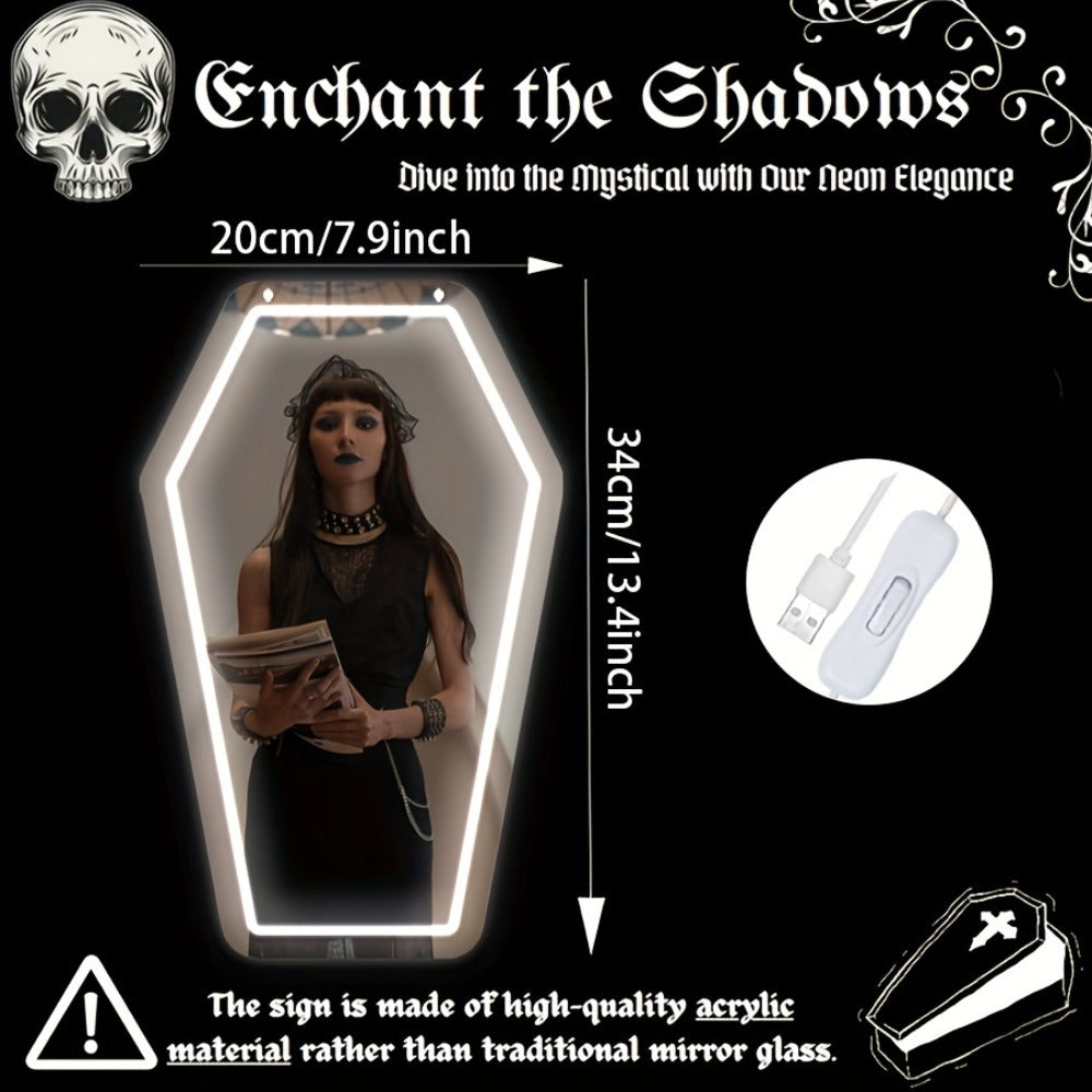 Gothic Coffin Shaped Neon Wall Mirror USB Powered LED Neon Light Mirror Irregular Decorative for Entryways, Bedrooms and Living Spaces