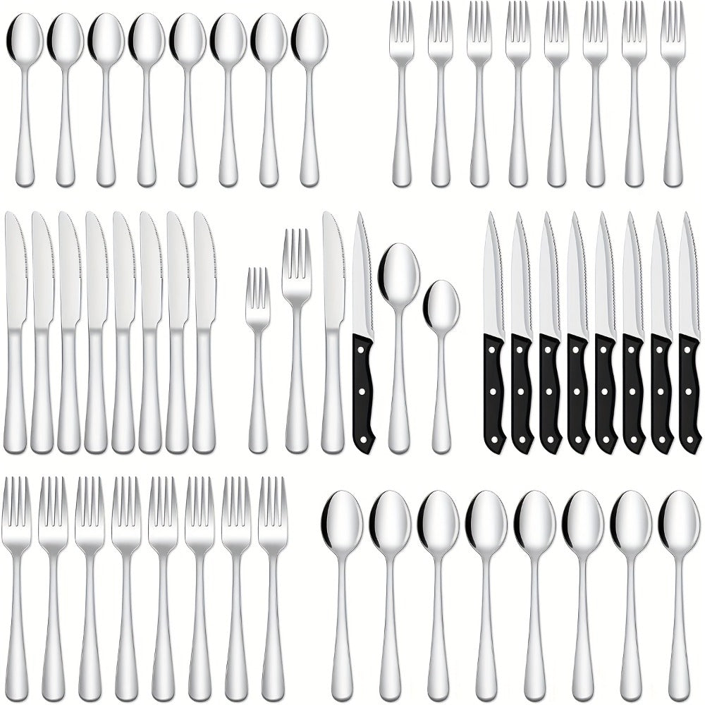 Stainless Steel Flatware Set with Steak Knives – 24/48 Piece Silverware Set Service for 4 or 8, Mirror Polished Cutlery, Dishwasher Safe, Silver & Black