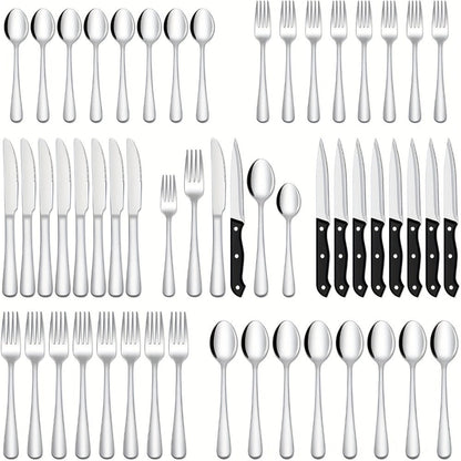 Stainless Steel Flatware Set with Steak Knives – 24/48 Piece Silverware Set Service for 4 or 8, Mirror Polished Cutlery, Dishwasher Safe, Silver & Black