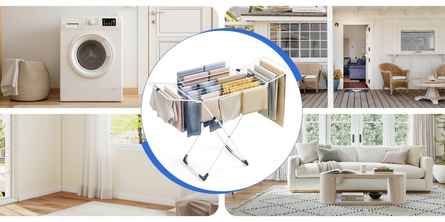 White Four-Wing Folding Clothes Drying Rack with X-Frame, Freestanding Laundry Bars and 55.1 x 37.8-Inch Layout